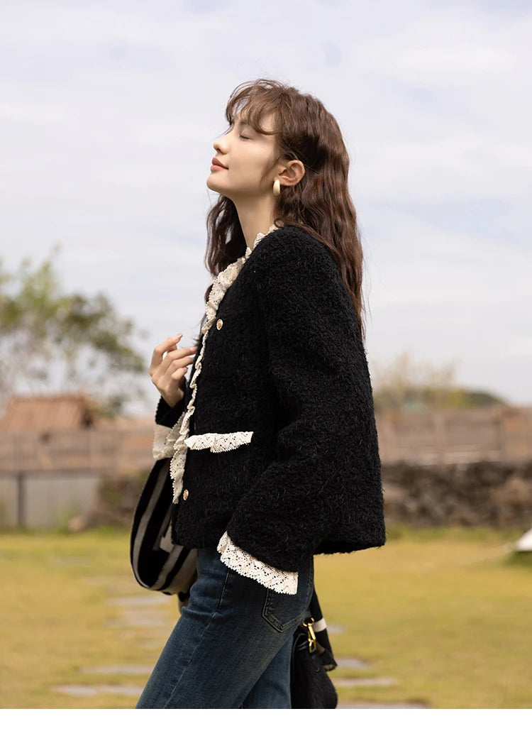 MISHOW Wool Coat Lace Splicing Lamb Wool Button Pockets MXB43W0720