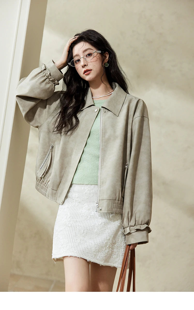 MISHOW Minimalist Short Jacket Lapel Zipper Elastic Hem MXE13W0715