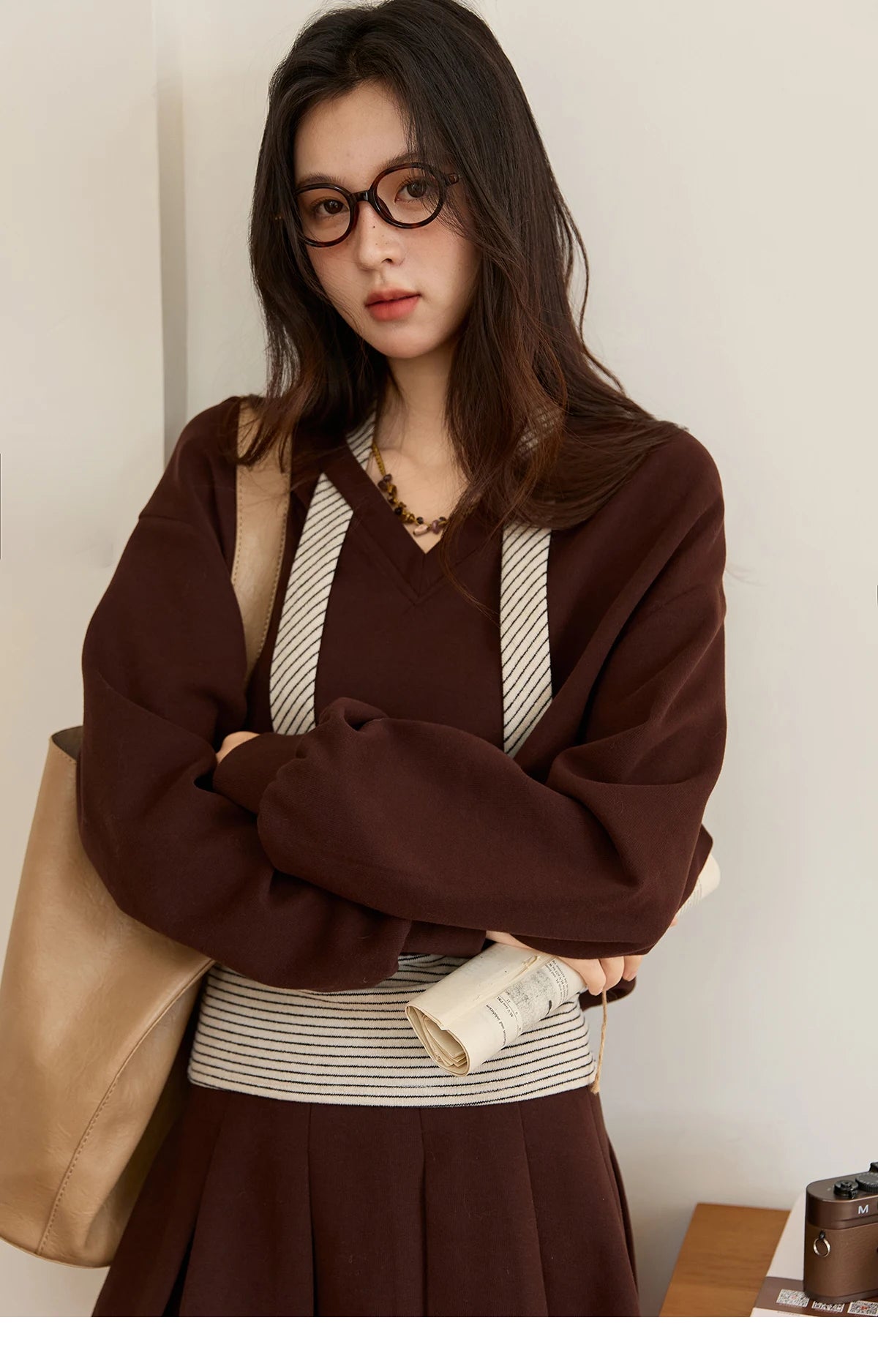 Mishow Retro Brown V-Neck Sweatshirt & Pleated Skirt Suit MXE47T1415