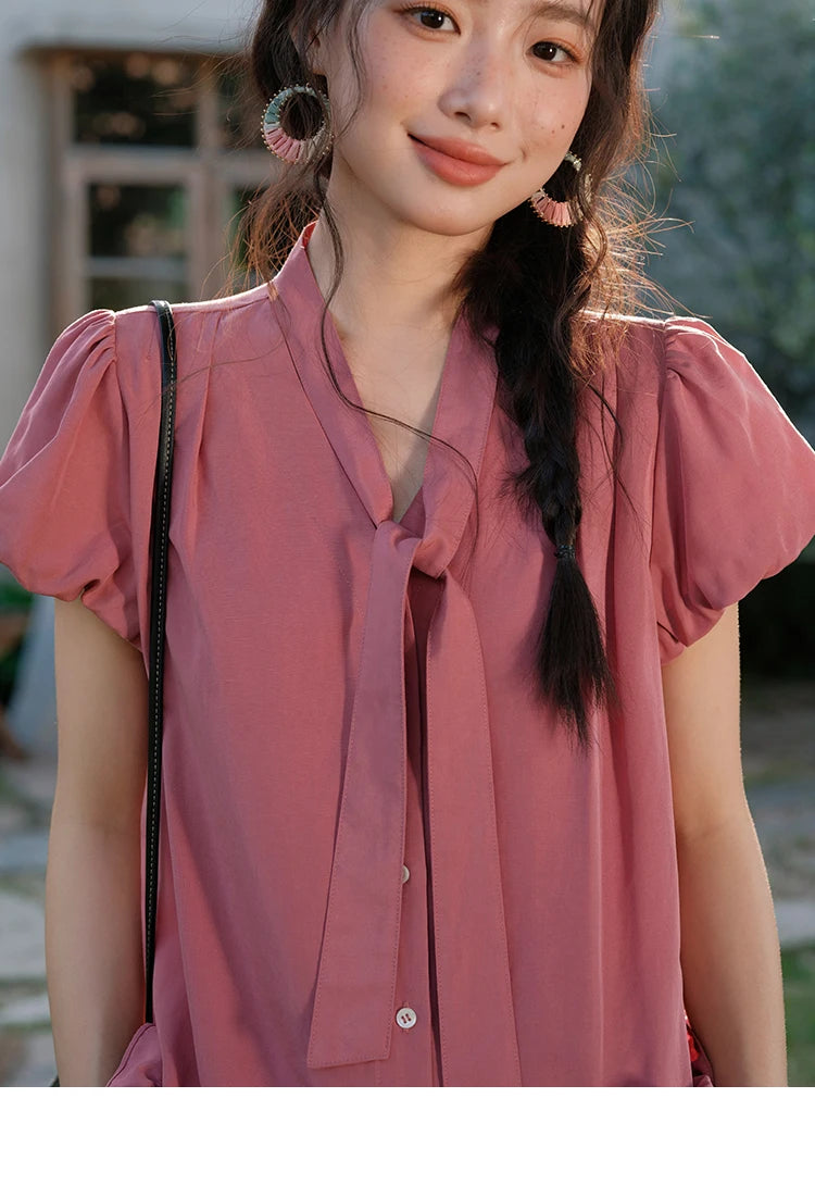 MISHOW V-Neck Puff Sleeve Blouse Lace Up Button Sweet MXE38X1914