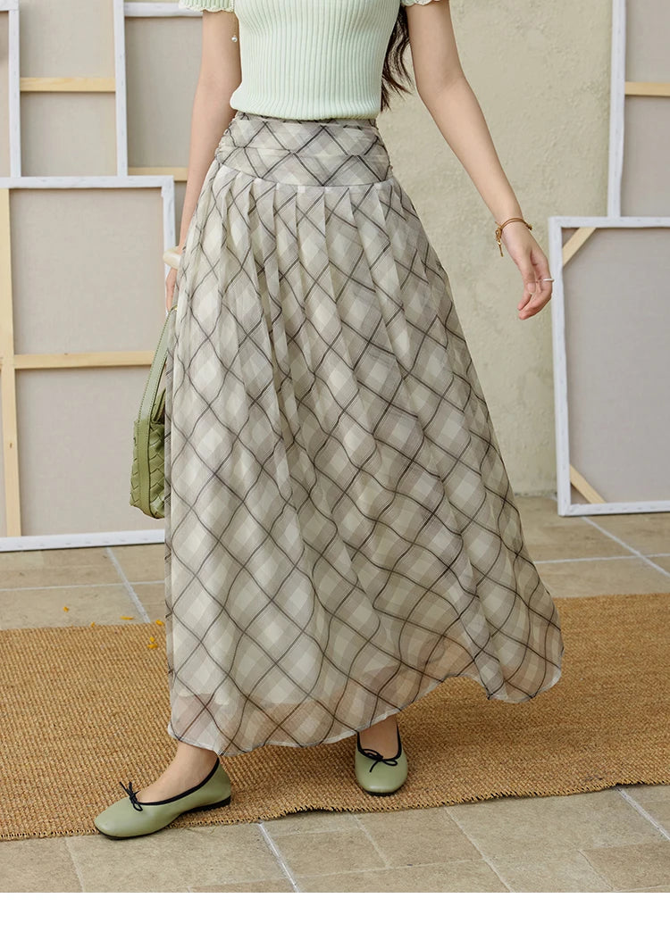 MISHOW Apricot Green Retro Plaid Skirt Pleated Chiffon High Waist A-Line MXE35B0747