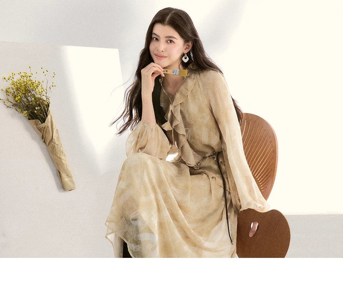 MISHOW Light Yellow Chiffon Maxi Dress V-Neck Ruffled Belted MXF11L2554
