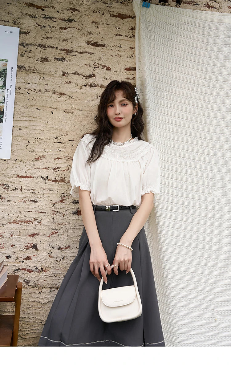 MISHOW French Cotton Bubble Sleeve Blouse Lace Collar MXD23X1500