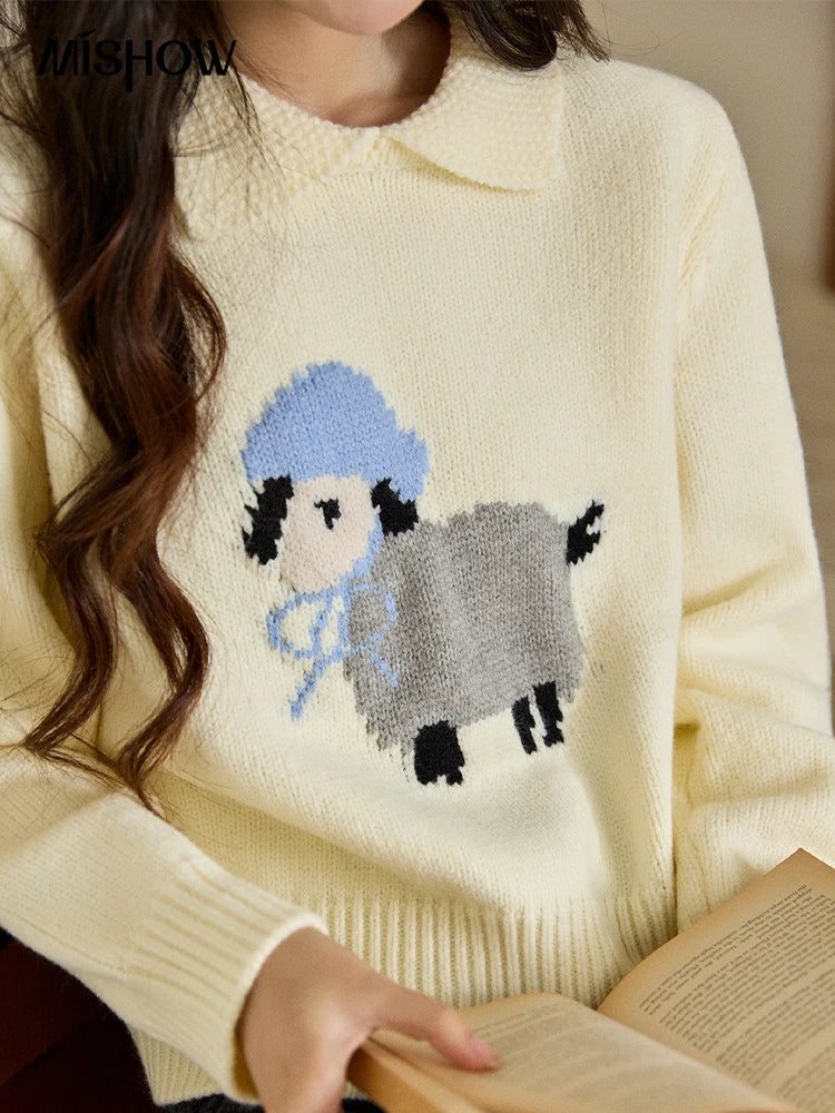 Mishow Beige Sheep Pattern Round Collar Sweater MXE94Z2962