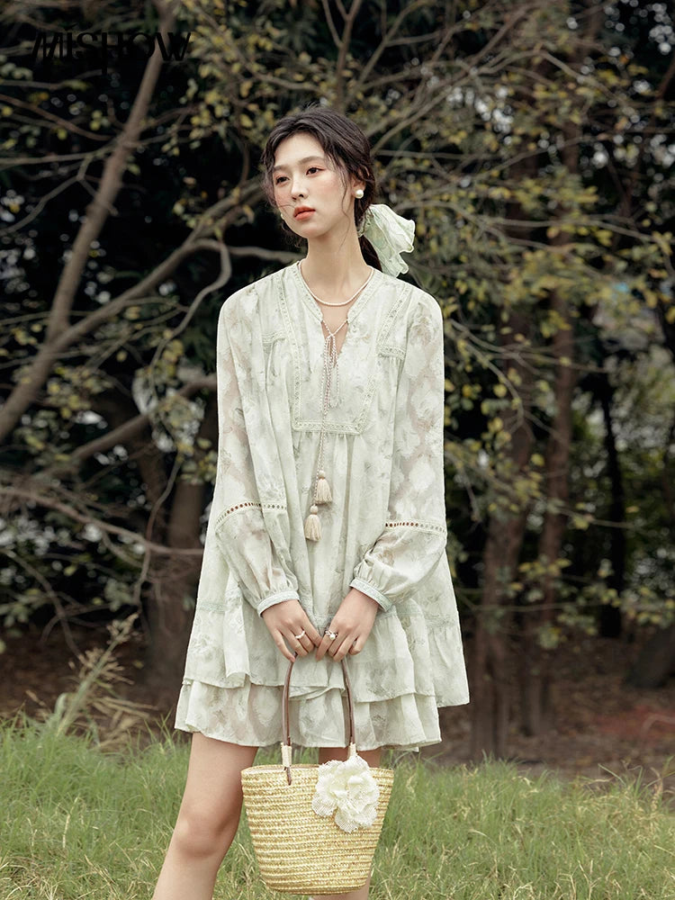 Mishow Floral V-Neck Tassel Lantern Sleeve Dress MXE15L2121