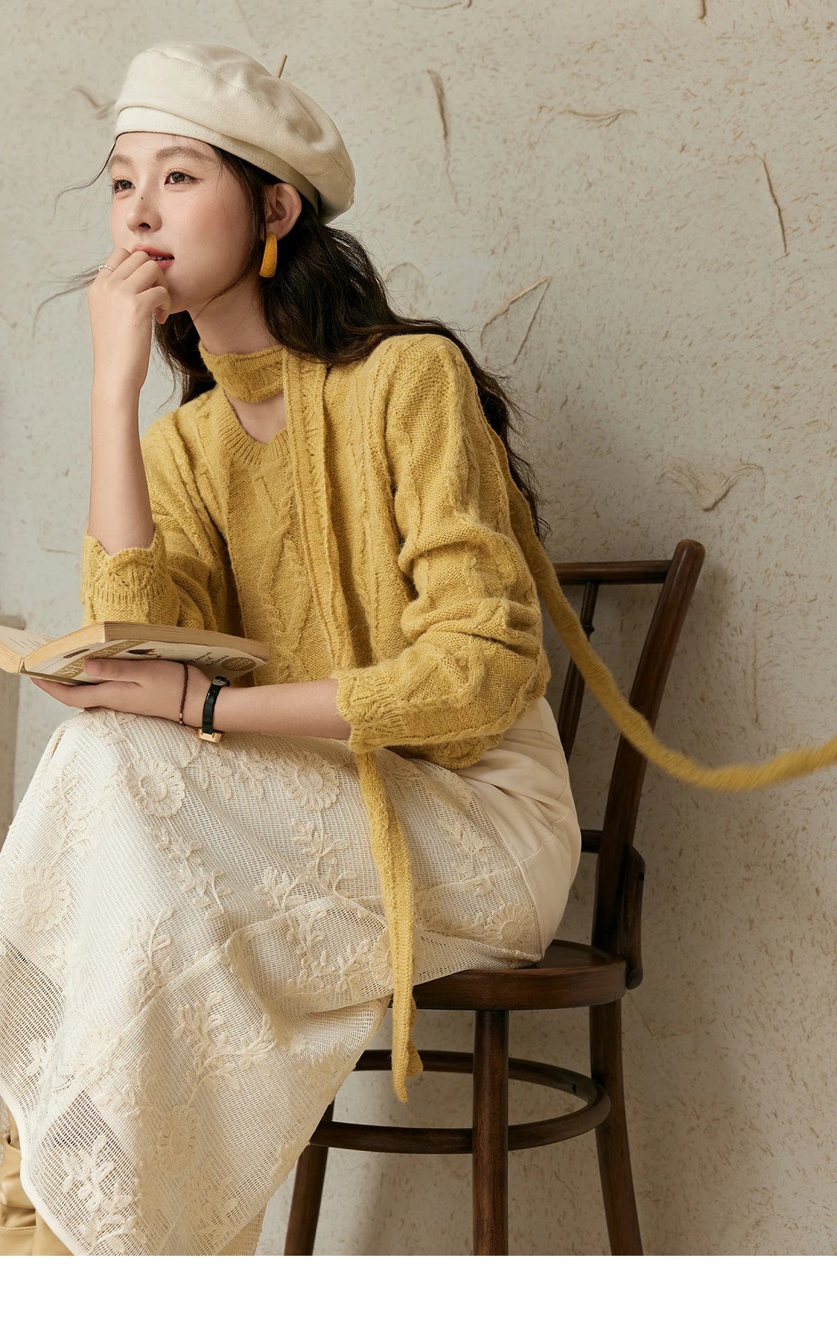 MISHOW Romantic Lace Wave Knit Sweater with Belt MPD42Z0736