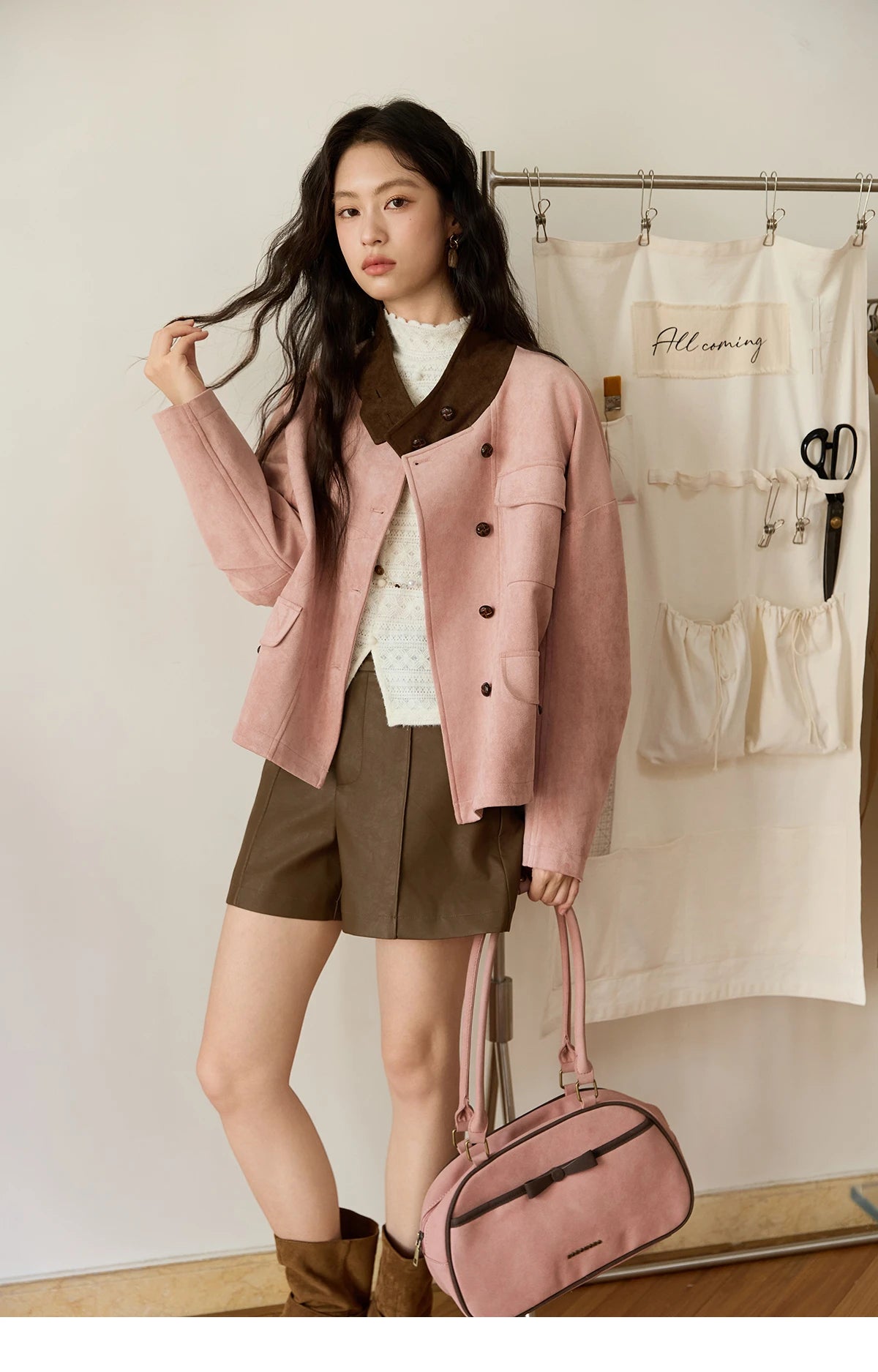 MISHOW Pink Coffee Suede Jacket Stand Collar Contrast Color MXE48W0851