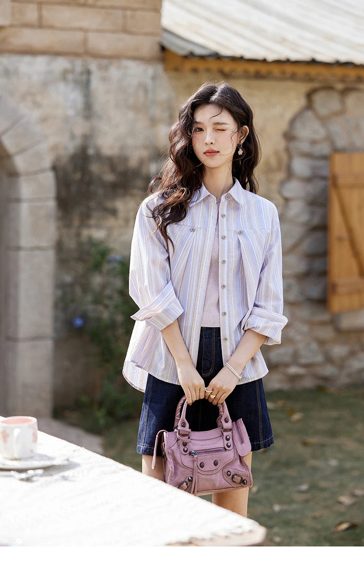 MISHOW Purple Striped Loose Shirt Turn-Down Collar MXE13C0407