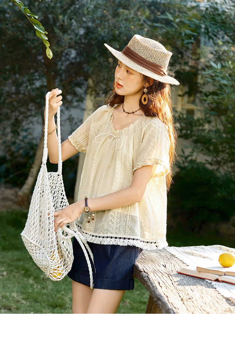 MISHOW Embroidered Jacquard Blouse O-Neck Lace Up MXE37X1861