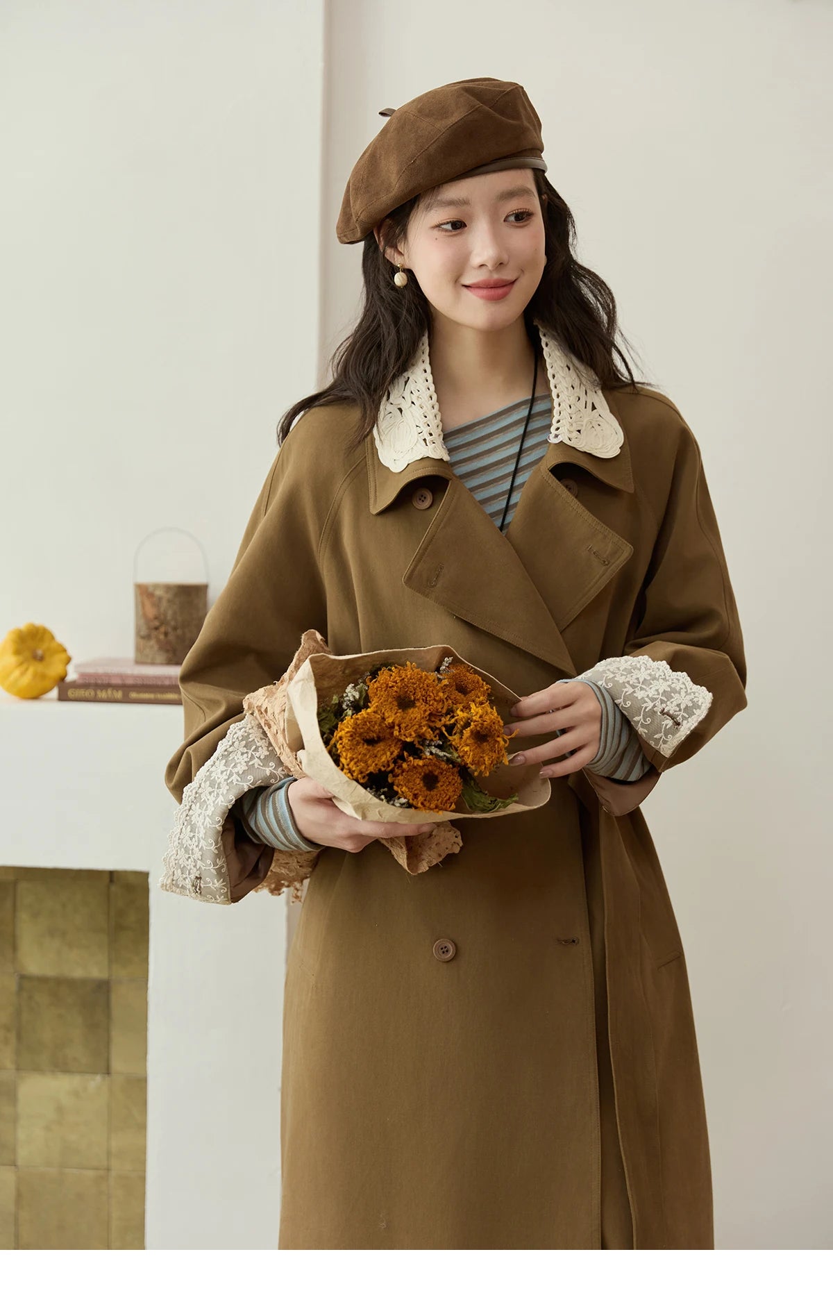 Mishow Light Khaki Lace Long Trench Coat MXE45W0830