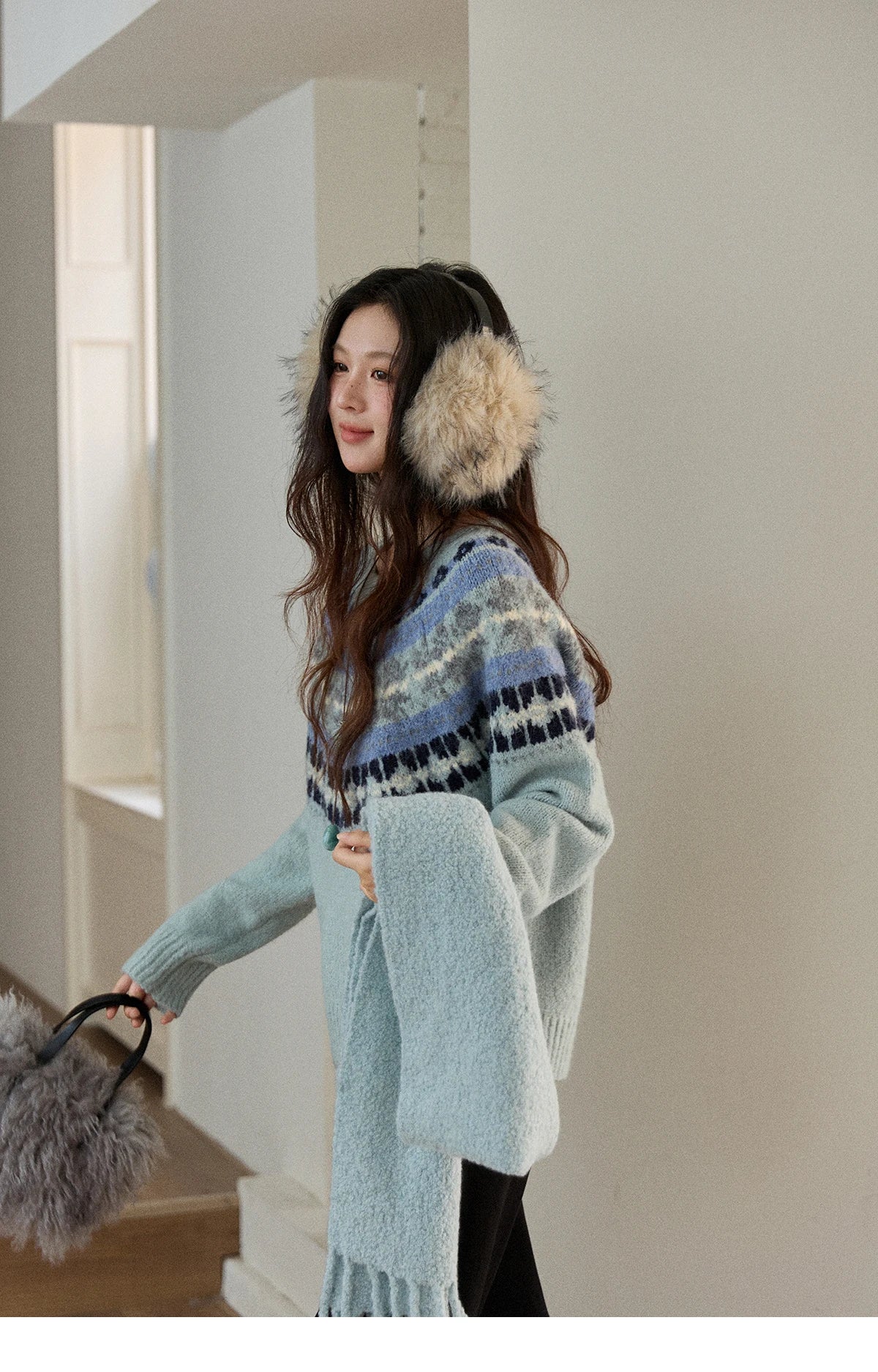 Mishow Blue Fair Isle Geometric Jacquard Pullover MXE87Z2767