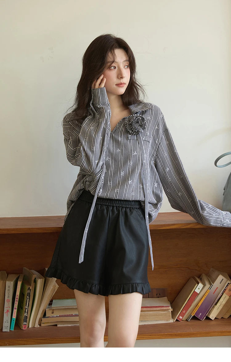 Mishow PU Leather High Waist Ruffle Hem Shorts MXE42K1068