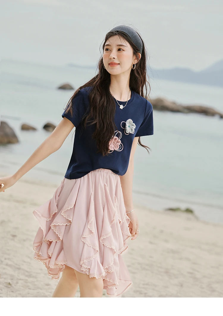 Mishow Flower Beaded Round Neck Tee MXE33T0499
