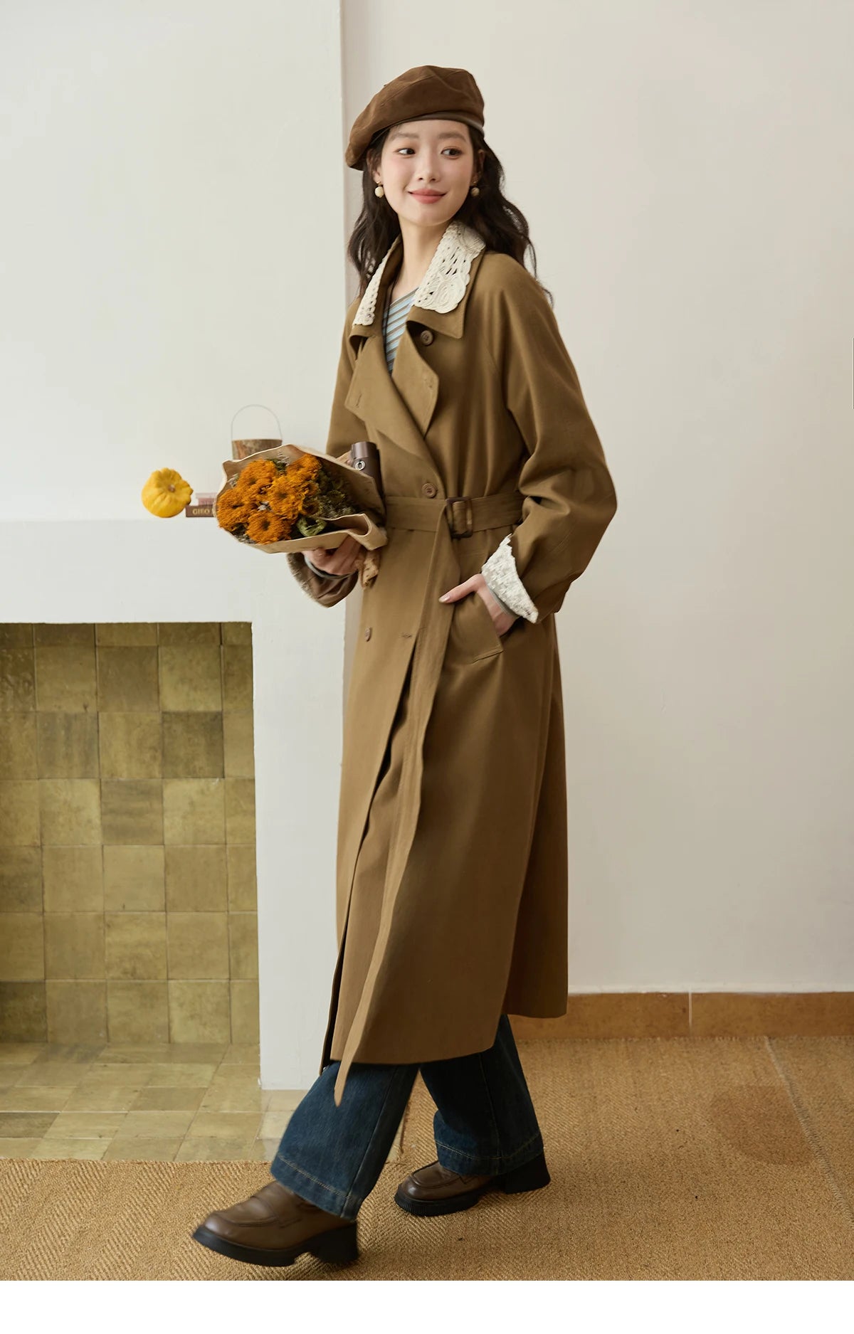 Mishow Light Khaki Lace Long Trench Coat MXE45W0830