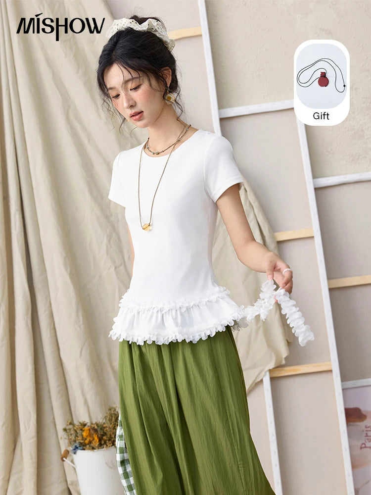 Mishow White Ruffled Tee with Red Lanyard Necklace MXE34T0557