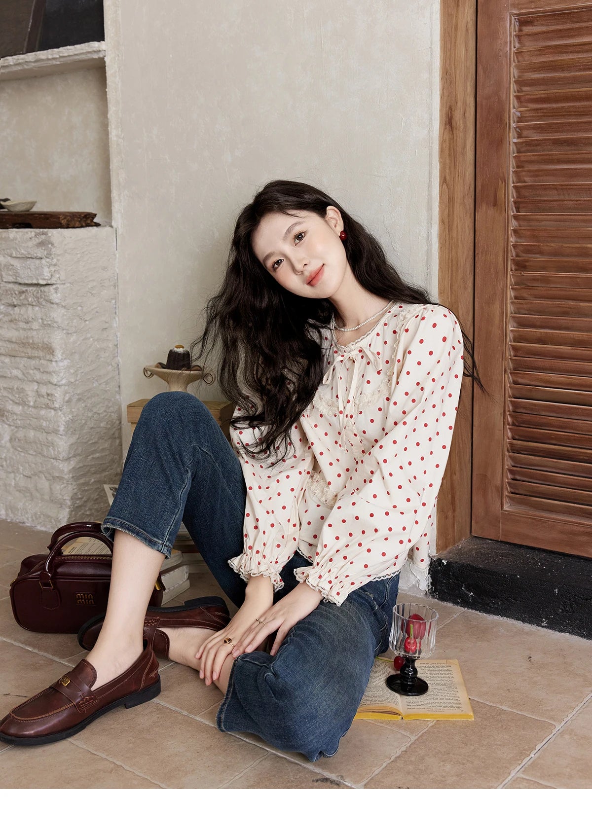 MISHOW Lace Up Polka Dot Round Neck Lace Shirt Elastic Petal Cuffs MXD44X1667