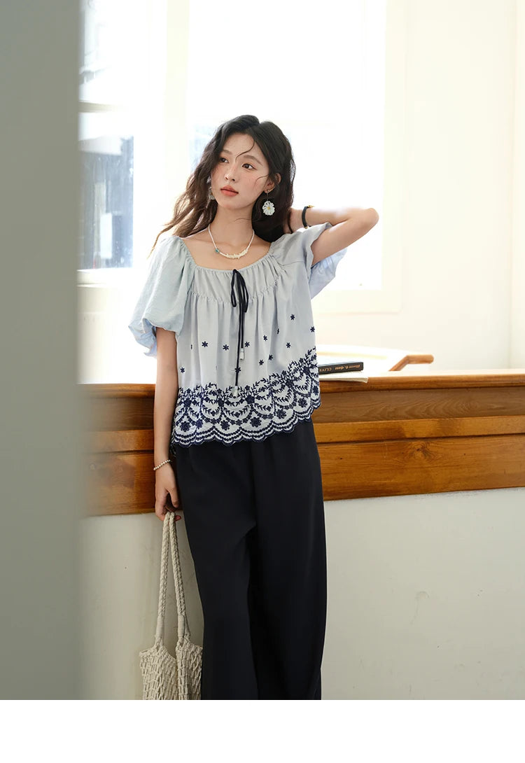 MISHOW Blue Print Blouse Square Neck Lace Up Puff Sleeve MXE36X1799