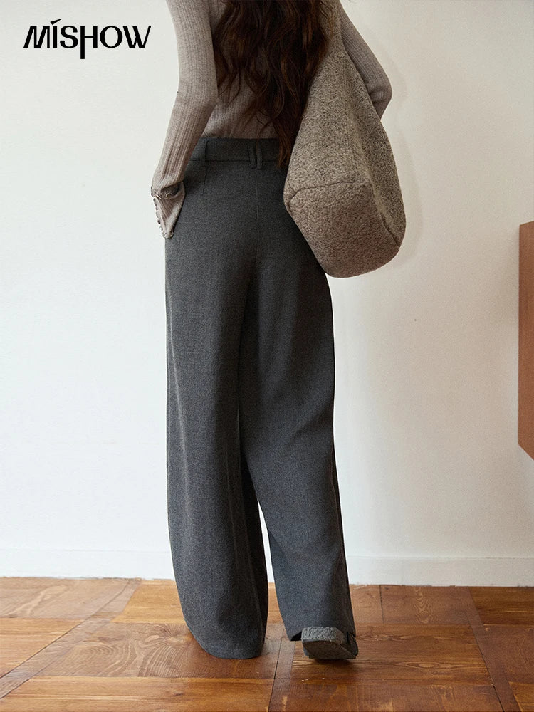MISHOW Retro Gray Wide-Leg Pants Elastic Waist Warm MXE89K1099