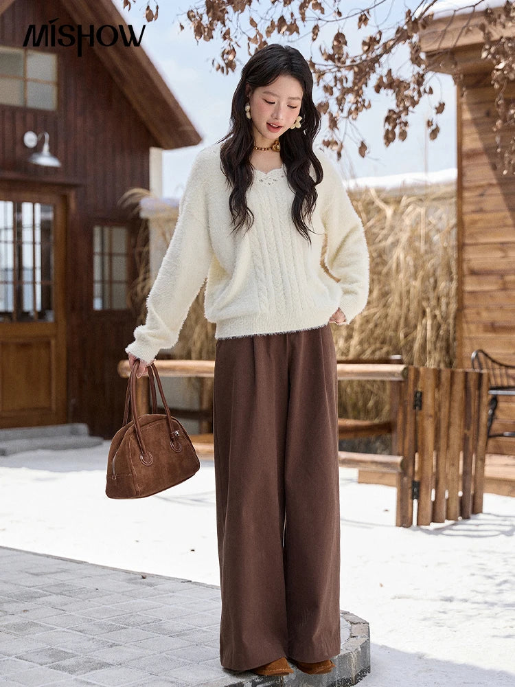 Mishow Apricot Soft V-Neck Cable Knit Pullover MXE51Z2594