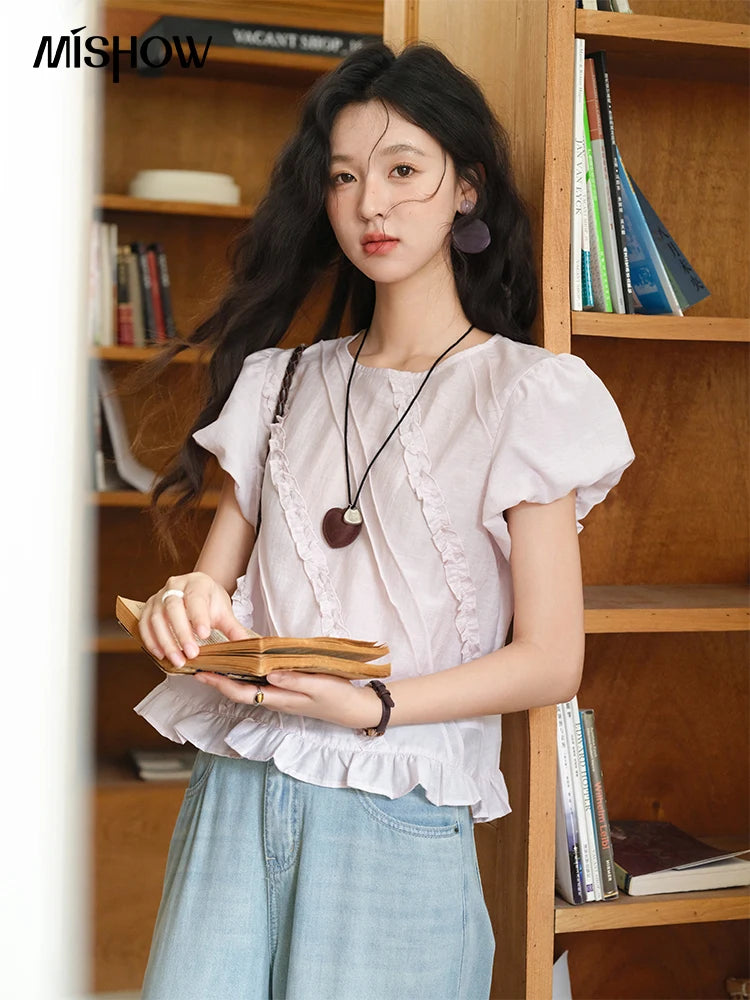 MISHOW Fungus Edge Puff Sleeve Blouse O-Neck Loose MXE39X1941
