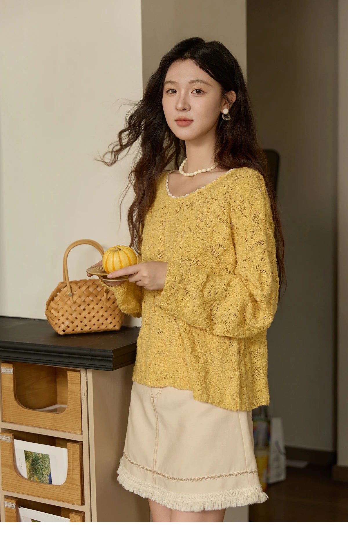 Mishow Bamboo Loop Yarn Hollow V-Neck Lace Sweater MXE43Z1349
