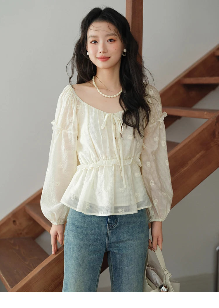 MISHOW Cashew Flower Embroidered Blouse V-Neck Lace Up Puff Sleeve MXE41X1945