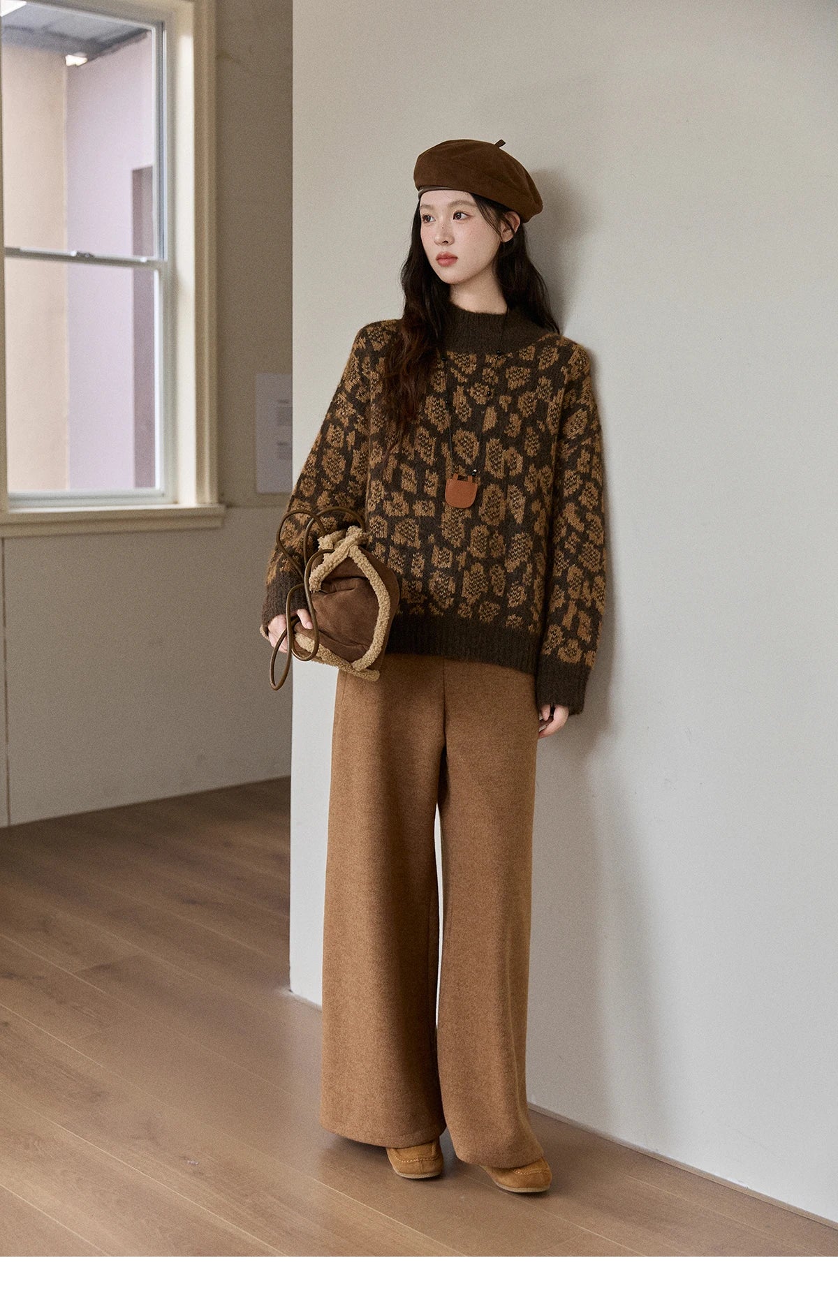 Mishow Color Block Leopard Jacquard Half Turtleneck Sweater MXE91Z2839