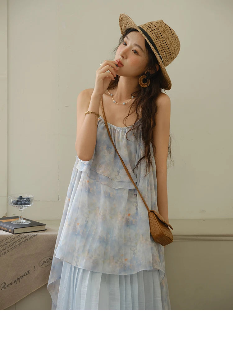 Mishow Print Strap Multi Layer Ruffle Dress MXE35L2233