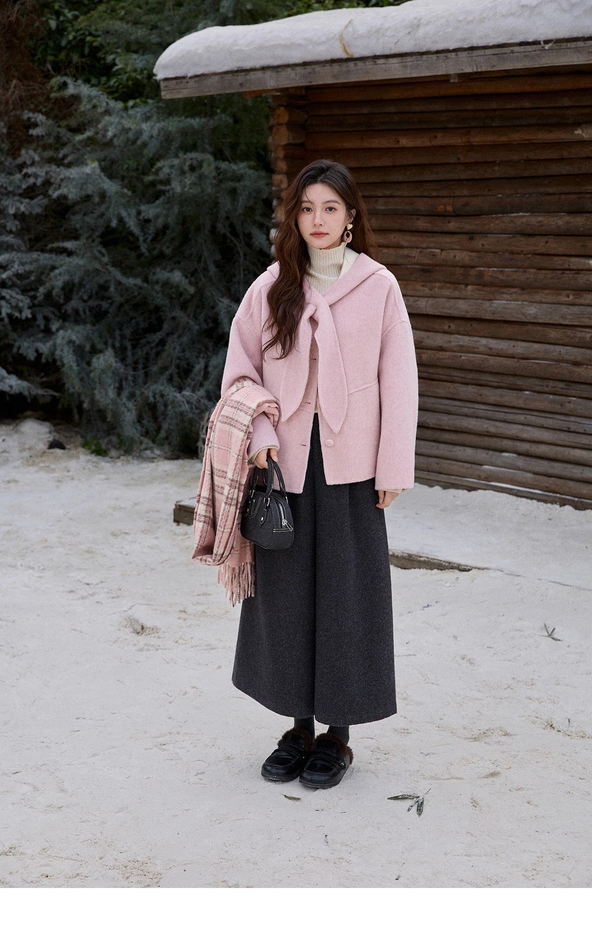 Mishow Pink Wool Hooded Bow Tie Strap Coat MXE91W1010