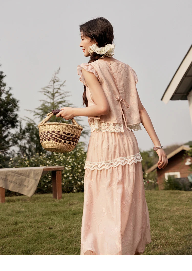 Mishow Short Flying Sleeve Top & Hollow Embroidery A-Line Skirt Set MXE33T0545