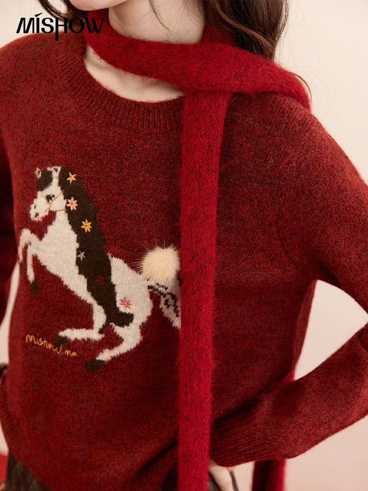 Mishow Christmas Red Jacquard Pony Sweater MXE94Z2861