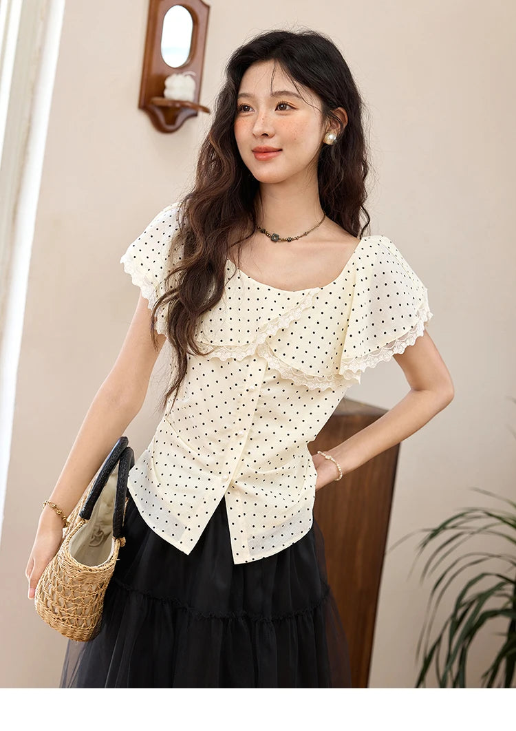 MISHOW Apricot Polka Dot Shirt Ruffle Edge Patchwork Lace MXE34X1783