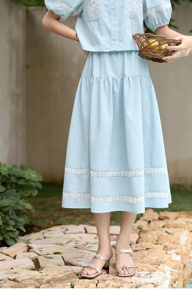 MISHOW Blue Lace Patchwork Top Elastic Waist Skirt Set MPD22B0450