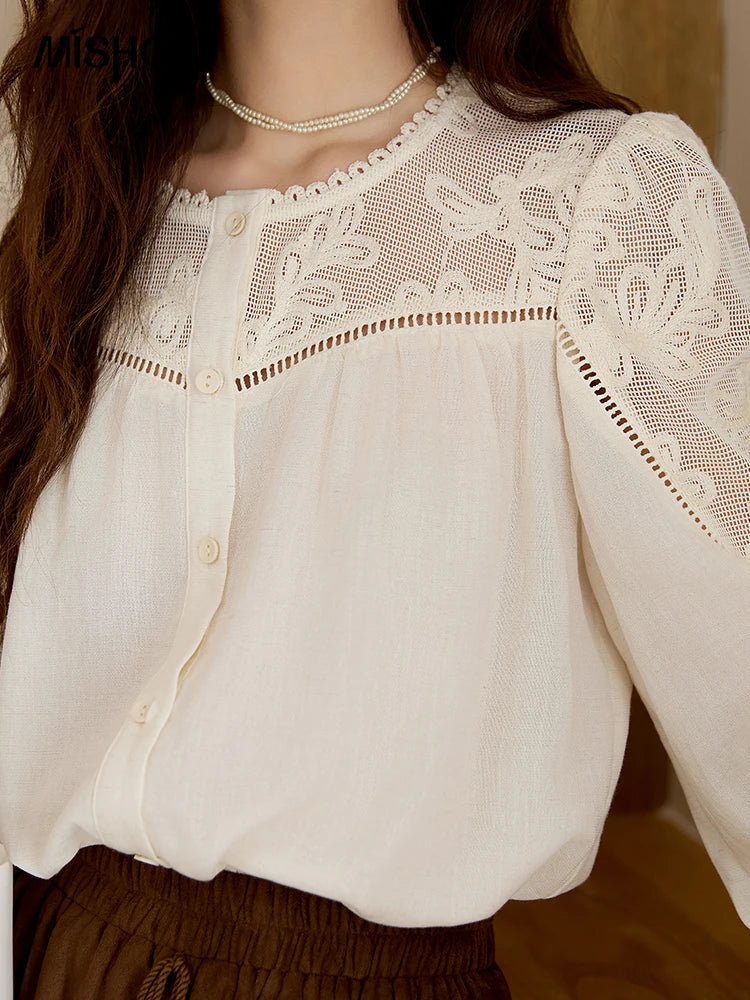 MISHOW Beige Hollow Out Embroidery Shirt O-Neck MXE44X2498