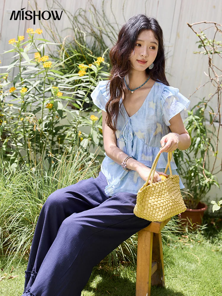 MISHOW Women's Blue Double-Layer Ruffled Linen V-Neck Blouse MXE33X1819