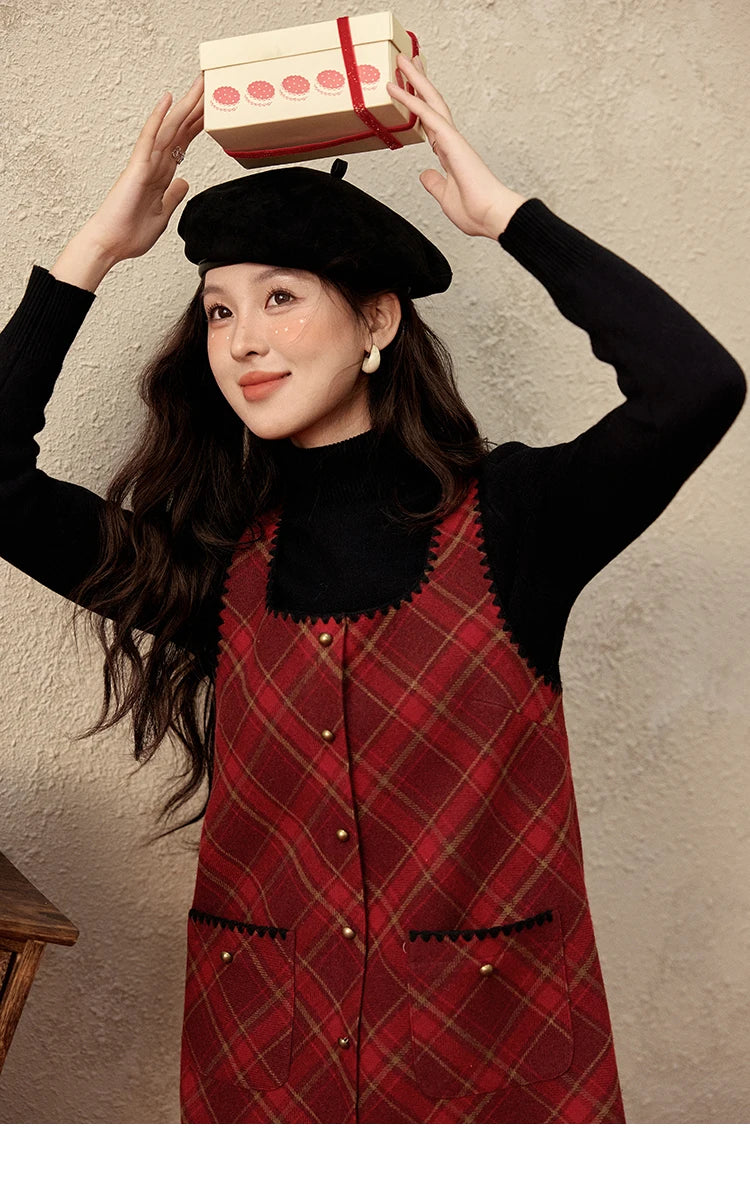 Mishow Plaid Square Neck Woolen Vest Dress MXD58L2078