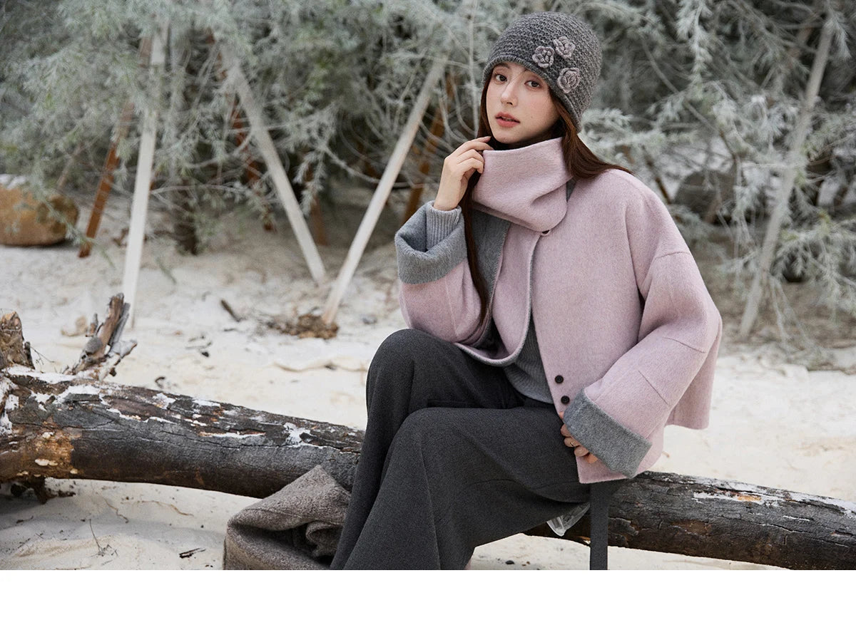 Mishow Tweed Wool Double-Faced Short Coat with Scarf MXE86W0977