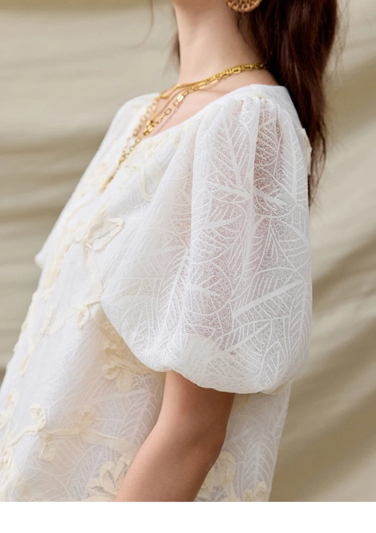 MISHOW Short Puff Sleeve Blouse Round Neck Jacquard MXE32X1772