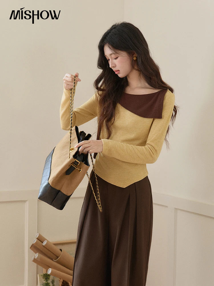 Mishow Yellow Brown Contrast Oblique Collar Knit Top MXF11Z2911