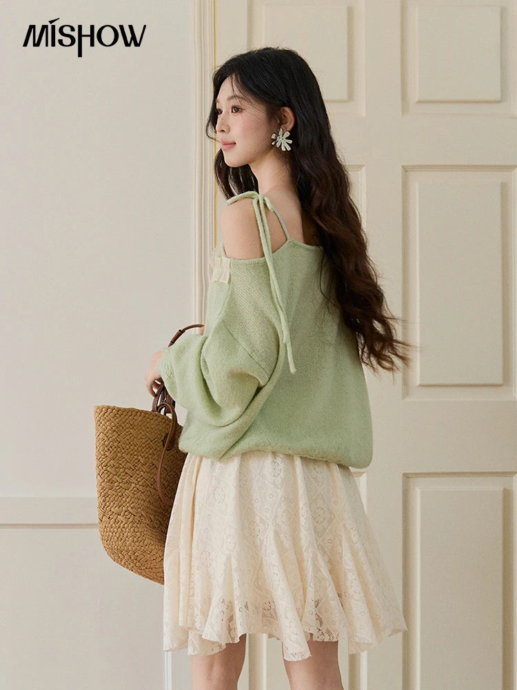Mishow Light Green Asymmetrical Exposed Shoulder Top MXF108Z1027