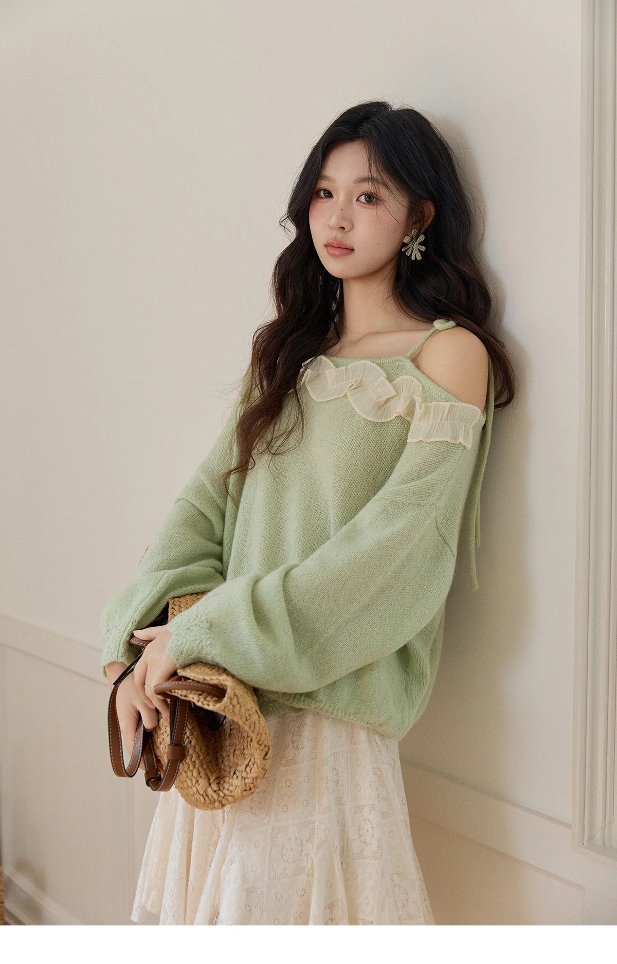 Mishow Light Green Asymmetrical Exposed Shoulder Top MXF108Z1027
