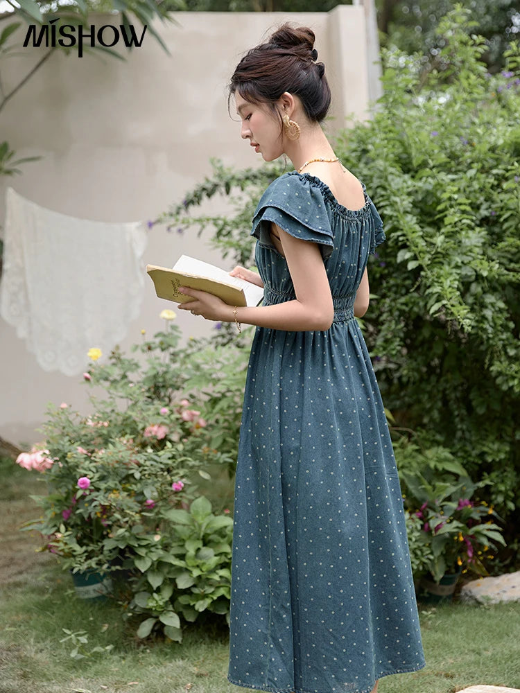 Mishow Polka Dot Flying Sleeve Lace-Up Denim Dress MXD30L2022