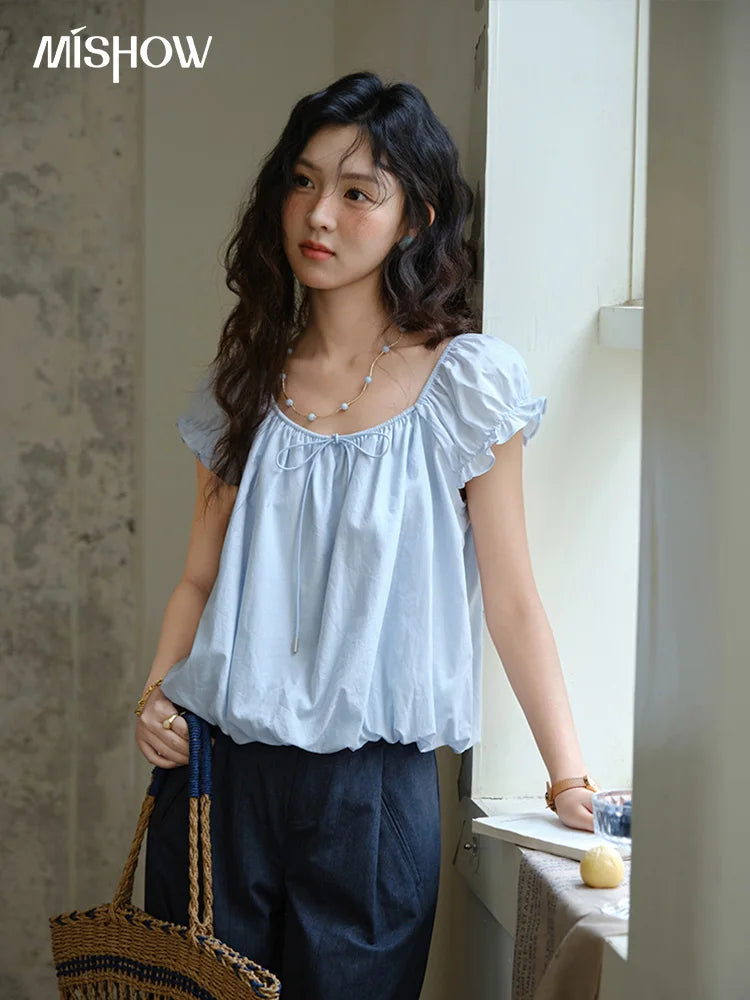 MISHOW Cotton Blouse Puff Sleeve Lace Up O-Neck MXE37X1893