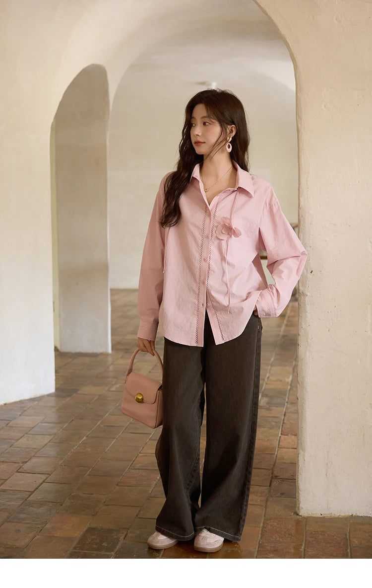 MISHOW Cotton Shirt Petal Ribbon Button Long Sleeve MXE41C2349