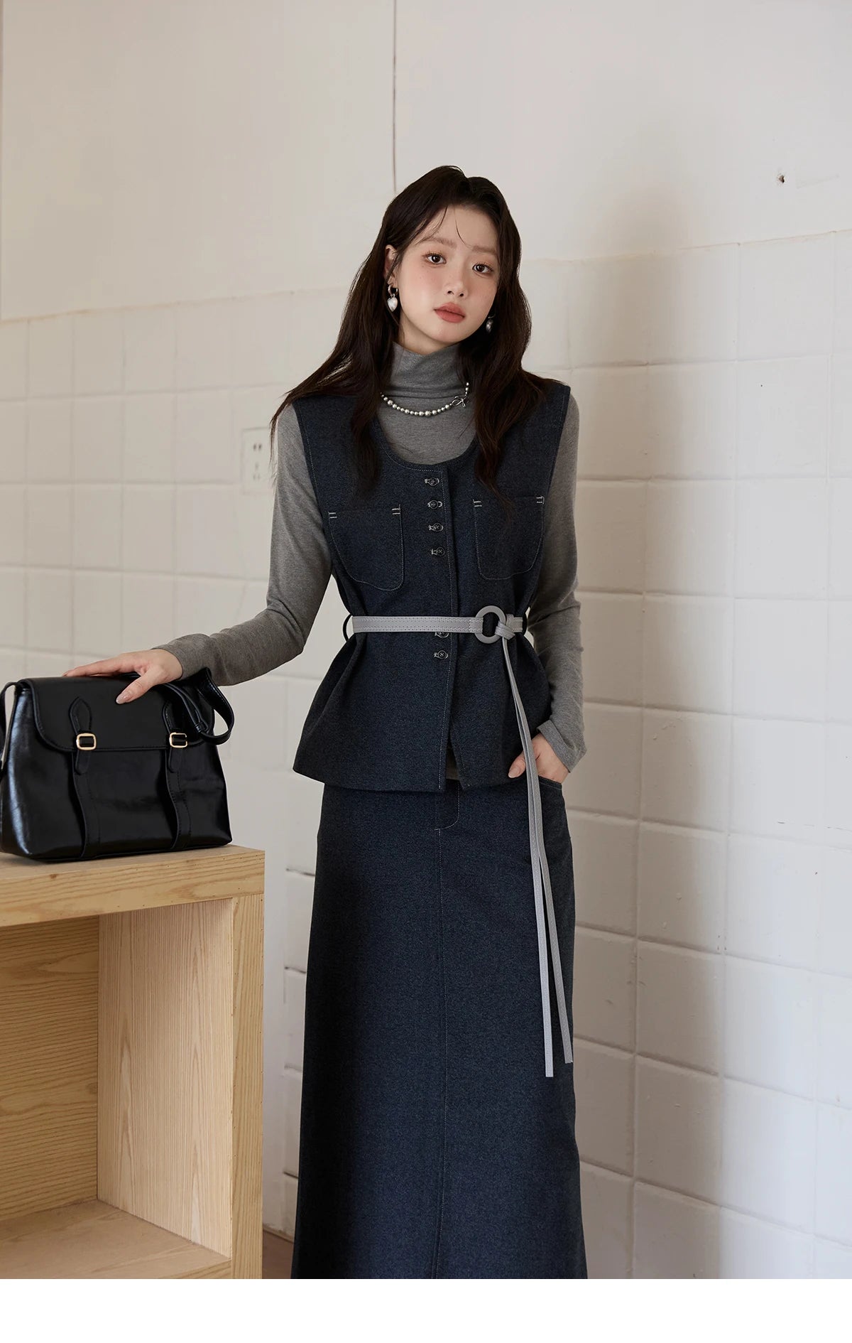 Mishow Blue Sleeveless Vest & Knit Top & Midi Skirt 3-Piece Set MXE49T1421