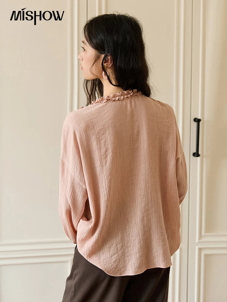 MISHOW Pink Blouse V-Neck Bubble Sleeve Fold Edge MXE45X2485