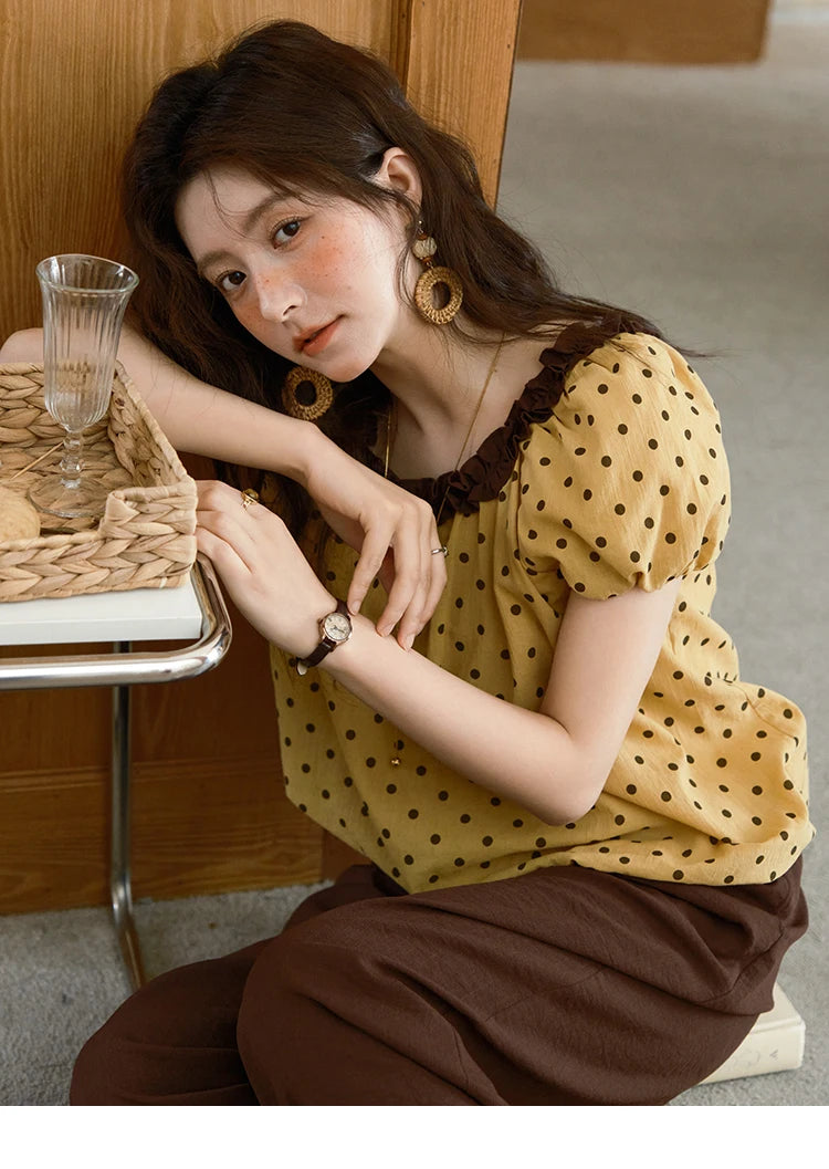 Mishow Polka Dot Puff Sleeve Top & Wide Leg Pants Set MXE39T0657