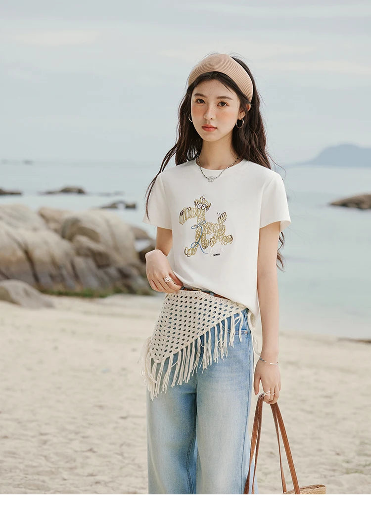 Mishow Cartoon Print Loose Embroidery Tee MXE31T0550