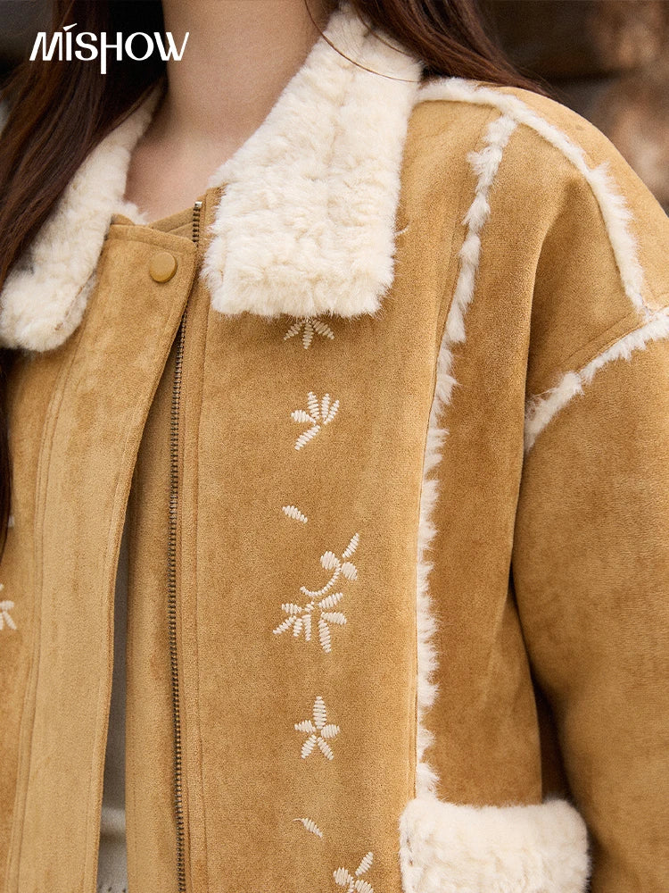 MISHOW Floral Embroidered Fur Jacket Plush Lapel Zipper MXE87W0918