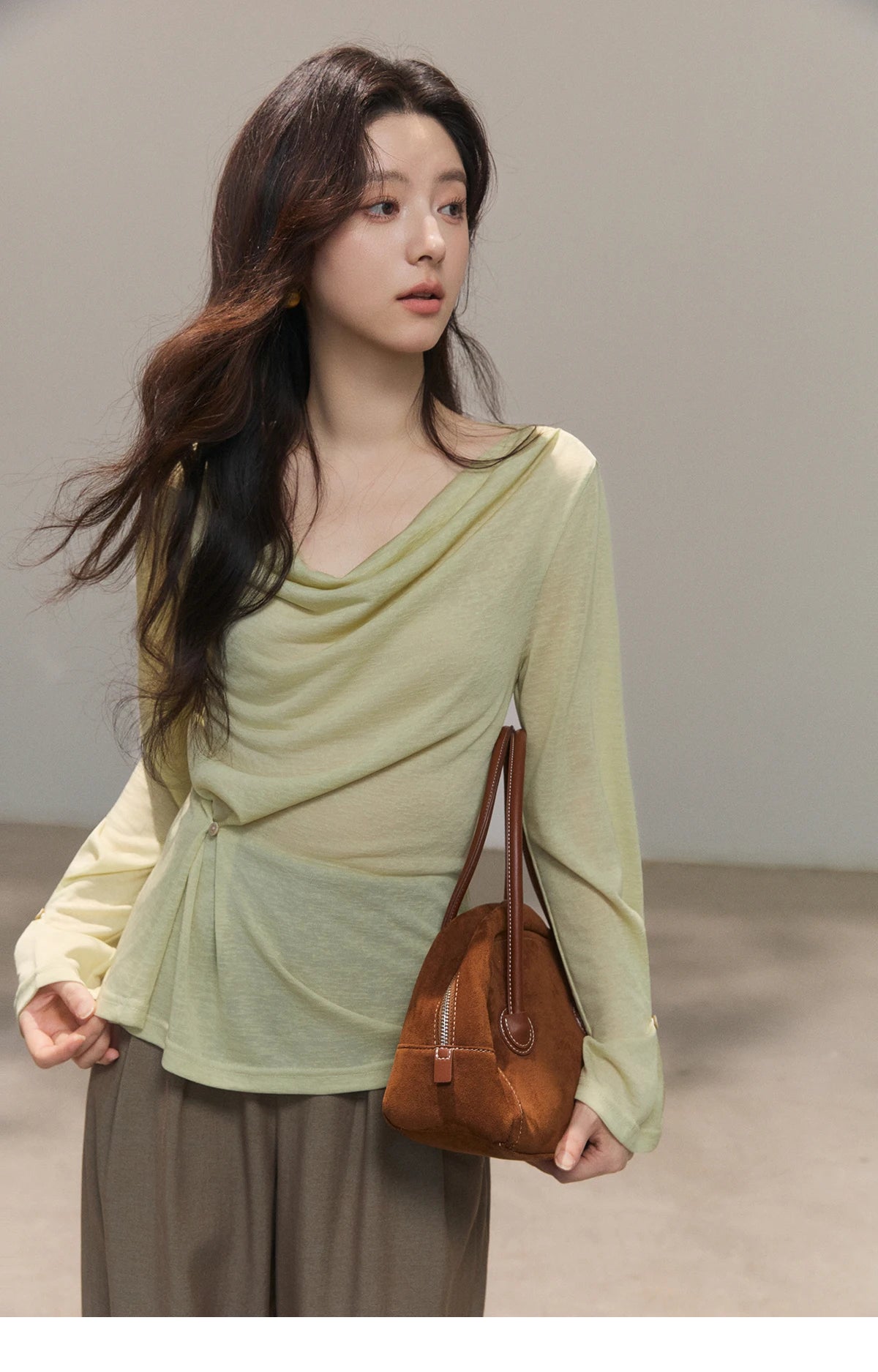 Mishow Multi Colored Swinging Collar Flare Sleeve Top MXF13T1473